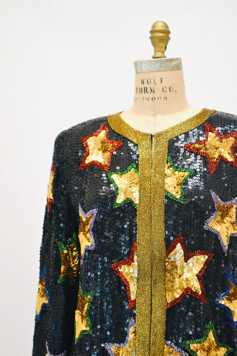 80s 90s Vintage Star Sequin Beaded Jacket Black Gold Metallic Star Sequin Jacket Medium// 80s 90s Glam Vintage Party Sequin Jacket Stars