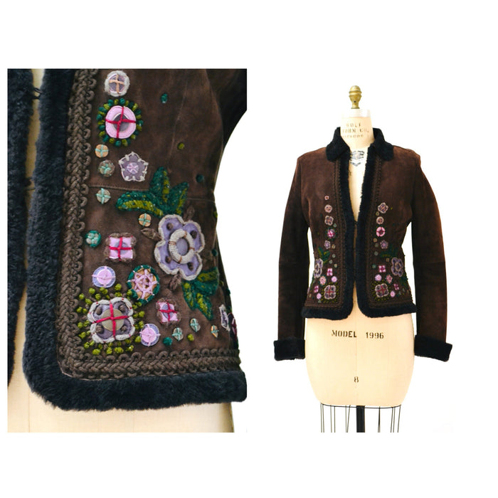 90s 00s Y2k Vintage Moschino Cheap and Chic Embroidered Shearling Sheepskin Jacket Afghan Coat Brown Purple Flower Jacket Small Medium
