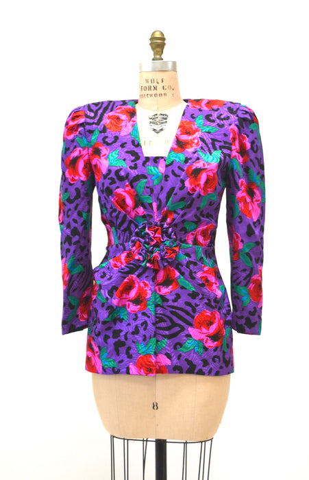 80s 90s Silk Animal Print Floral Print Shirt Purple Pink 80s 90s glam Silk Jacket Shirt Blouse Small Medium Floral Zebra Animal Print Blazer
