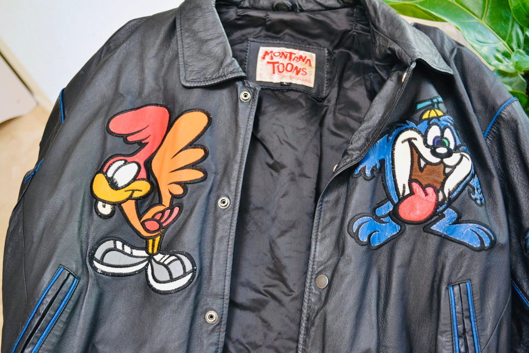 80s 90s Vintage Tiny Toons Adventures Leather Jacket Looney Tunes Cartoon Large Montana Toons Leather Jacket Warner Bros Taz Bugs Bunny