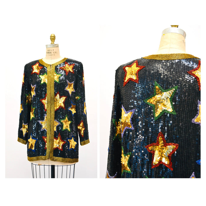 80s 90s Vintage Star Sequin Beaded Jacket Black Gold Metallic Star Sequin Jacket Medium// 80s 90s Glam Vintage Party Sequin Jacket Stars