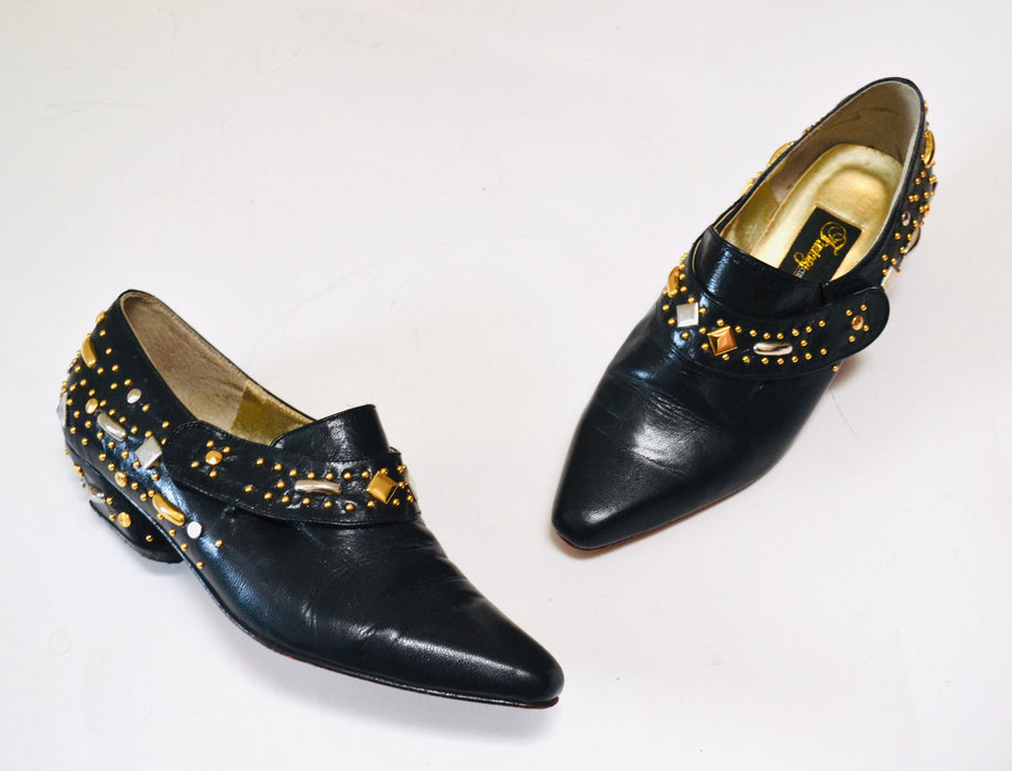 80s 90s Black Leather Cropped Boots size 7 1/2 Cropped Studded Rockstar Black Booties Flats // 90s Black Leather Booties Shoes Size 7 7 1/2