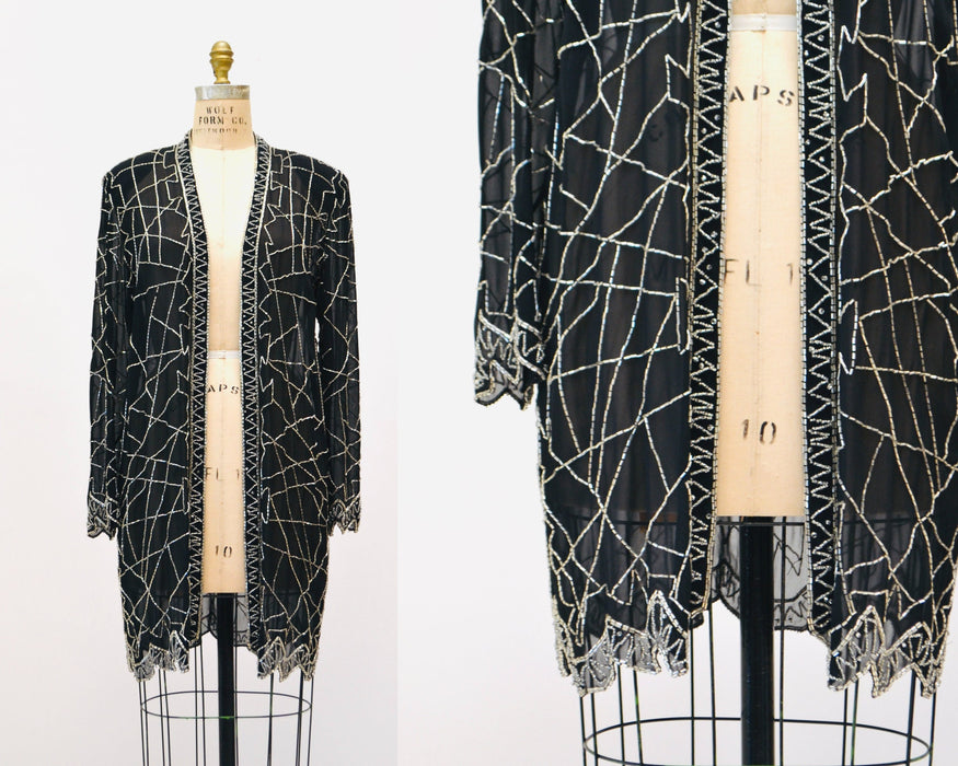 90s Vintage Black Beaded Silk Chiffon Duster Jacket Black Beaded Sheer Black Top Long Sleeves Beaded Beach Cover UP Fabrice Small Medium