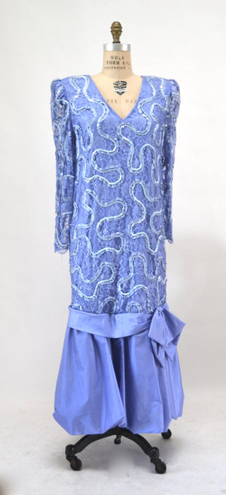 Vintage 80s Lavender Lace Sequin Dress Metallic Purple Long Sleeve Dress Medium Large// 80s Vintage Sequin Maternity Lace Barbie Dress