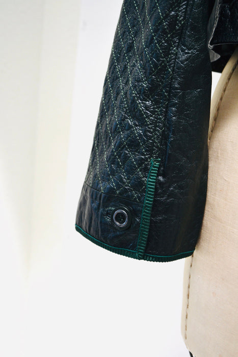Vintage Just Cavalli Dark Green Leather Quilted Jacket XS Small Roberto Cavalli Leather Jacket// Vintage Green Moto Swing Leather Jacket