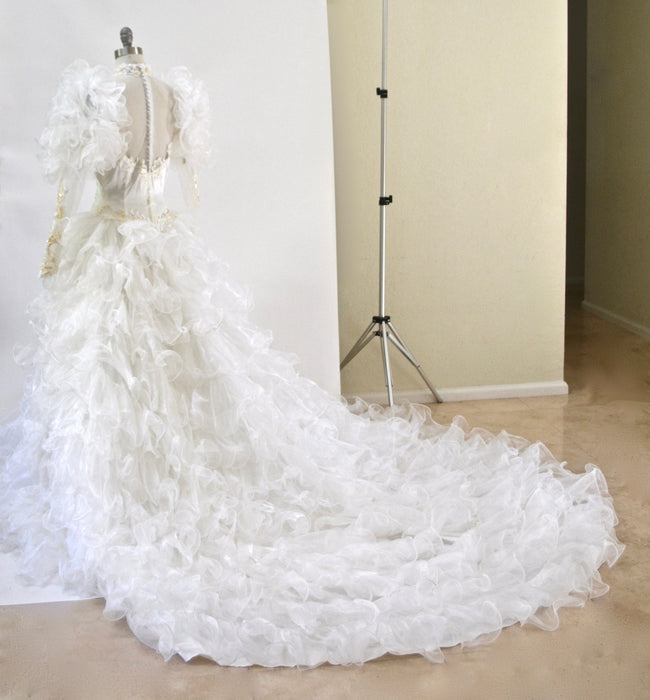 Vintage 80s 90s Wedding Dress GOWN White Sequin Ruffle 80s 90s Wedding Gown Dress Small Medium Long Sleeve High Neck Sequin Beaded Dress