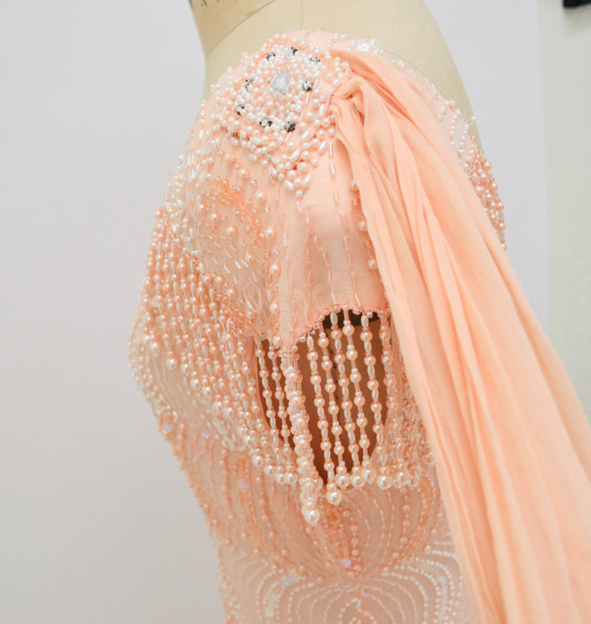 Vintage Peach Silk Beaded Sequin Evening Gown Dress Medium Large// 80s 90s Peach metallic Beaded Showgirl Fringe Dress Medium Large Sho Max