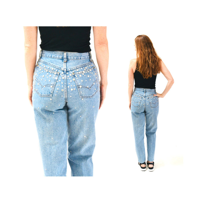 80s 90s Vintage Rhinestone Studded Jeans Pants Leslie Hamel High Waisted Jeans Rhinestone Denim Metallic Madonna jeans Small medium 4 6 8