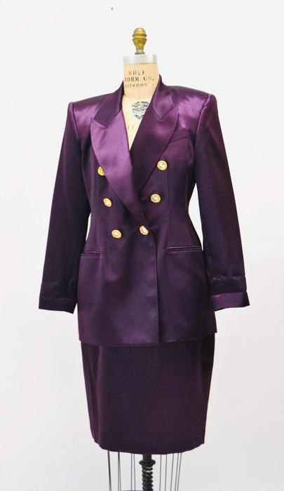 90s Vintage Purple Satin Jacket Blazer Suit Skirt Purple Plum Blazer 80s 90s Glam Power Suit Medium Criscione 90s Suit Rhinestone buttons