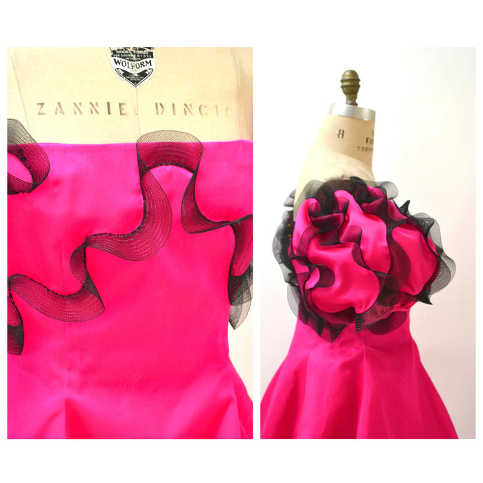 90s Vintage Pink Ball Gown Dress Small Medium By Bill Blass Bergdorf Goodmans Bright Pink Ruffle Gown Dress Off the Shoulder Dress