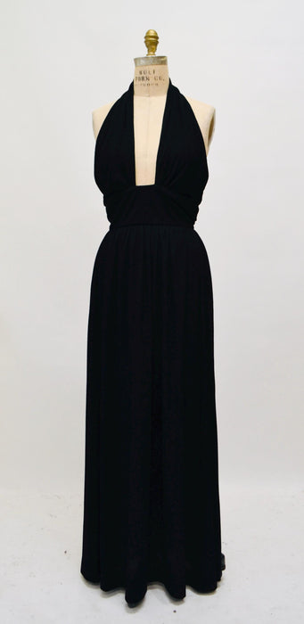 70s Vintage Black Halter Dress Mr Boots XS Small 70s Party long Black Halter Neck Dress 70s Disco Long Black Knit  Plunging neckline Dress