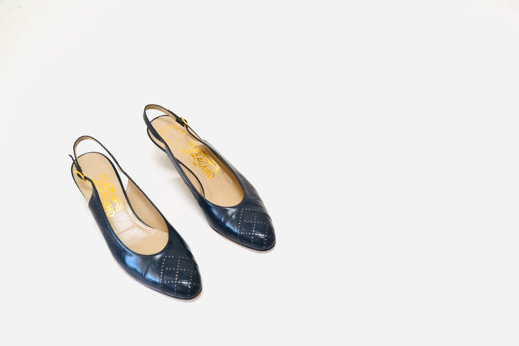 Vintage Salvatore Ferragamo Navy Blue Low High Heels Shoes 8 1/2 AAA Navy Blue Leather Sling Back High Heel Vintage Ferragamos Made in Italy