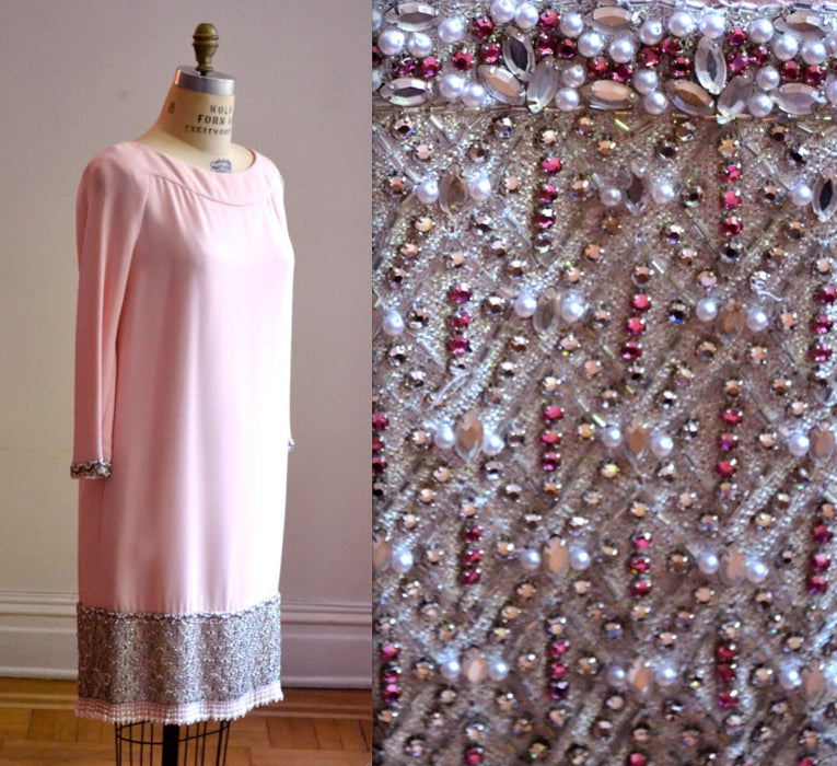 60s Vintage Beaded Dress Pink Rhinestone Mad Men Dress Large// Vintage Pink Beaded Rhinestone Party Dress 60s 70s Vintage GLam Dress