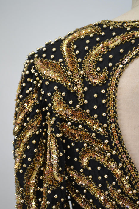 70s 80s GLAM Vintage Black Gold Beaded Sequin Evening Gown Small Medium // 80s 90s Pageant Drag Queen Black beaded Dress Gown Medium
