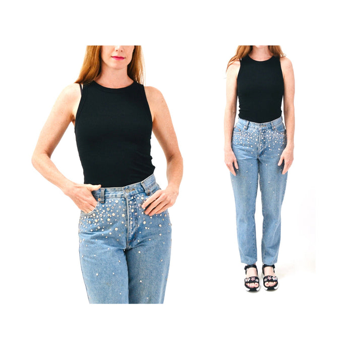 80s 90s Vintage Rhinestone Studded Jeans Pants Leslie Hamel High Waisted Jeans Rhinestone Denim Metallic Madonna jeans Small medium 4 6 8