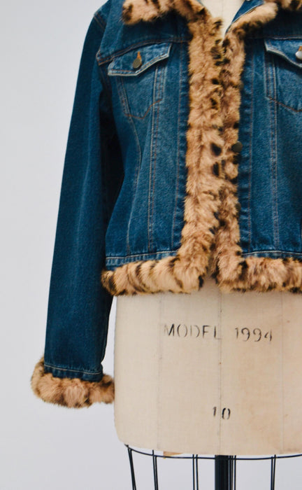 90s y2k Vintage Fur Trim Denim Jacket Leopard Print Fur Collar Jean Jacket 90s Y2k Jean Jacket Animal Leopard Print Fur Denim Jacket Medium