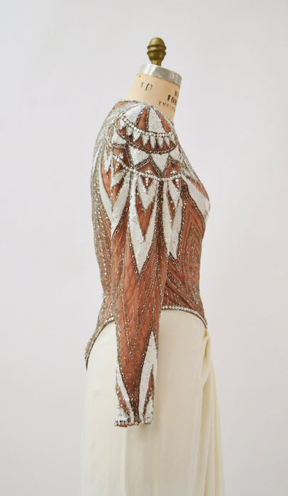 80s 90s Vintage White Cream Silver Beaded Sequin Gown Dress Small Medium Bob Mackie// Vintage Wedding Gown Beaded Long Sleeve Pageant Dress