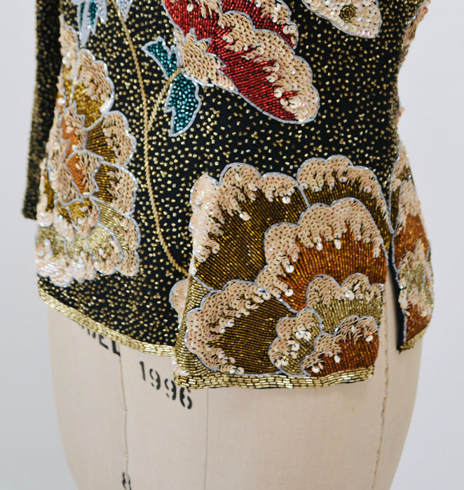 80s 90s Vintage Beaded Shirt Top Gold Floral Sequin Top Flowers// Vintage Beaded Party Top Flower Sequins Christmas Xmas New Years Party Top