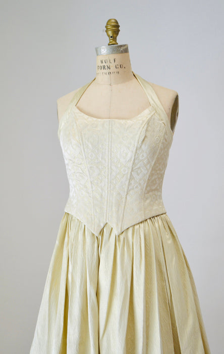 90s Vintage Gold Metallic Dress Ball Gown Halter Neck XS Small 90s Prom Dress Wedding Dress Gold Metallic Crinoline skirt Princess Dress