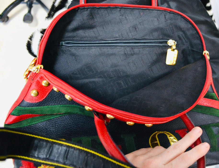 90s Vintage Moschino Bag Tote Black Leather Red Heart Moschino Purse Bag Black Leather 90s Love heart ART IS LOVE Studded Leather Bag