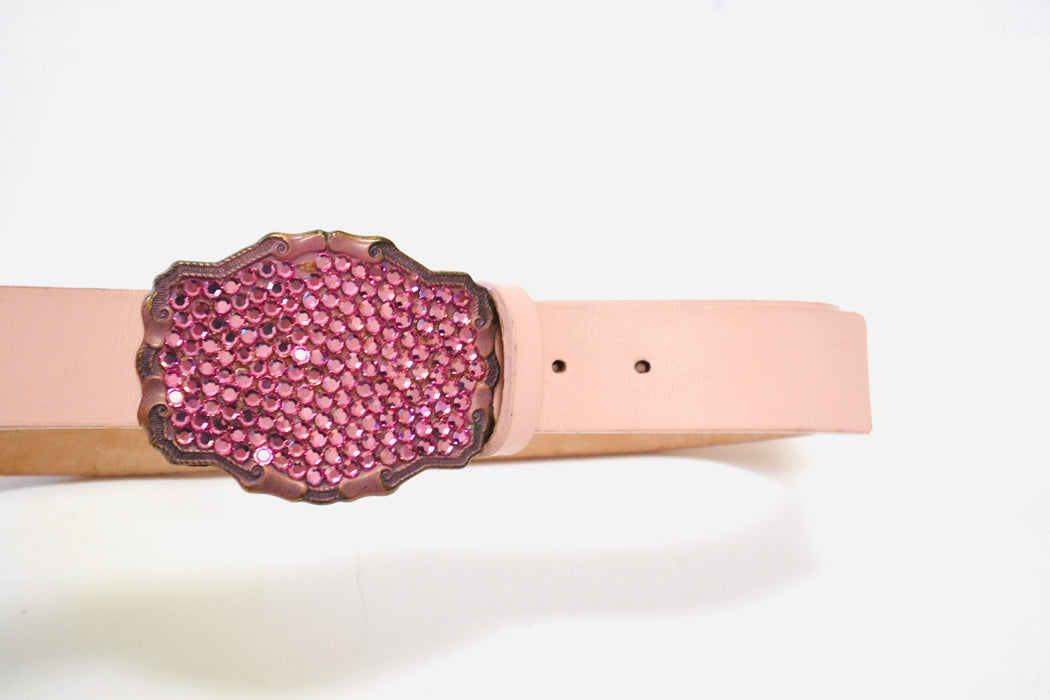 Y2K 2000s Pink Rhinestone Leather Belt Pink Crystal Belt Buckle Pink Leather Belt Size Small Medium Pink Rhinestone cowgirl Belt 33-37"