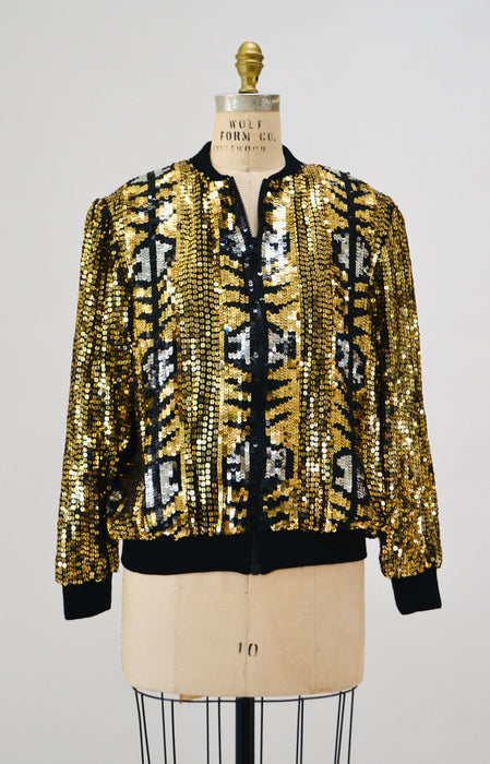 Vintage 80s 90s Gold Sequin Party Bomber Jacket Metallic Jacket Medium large// Vintage 80s 90s Party Metallic Gold Silver Sequin Jacket
