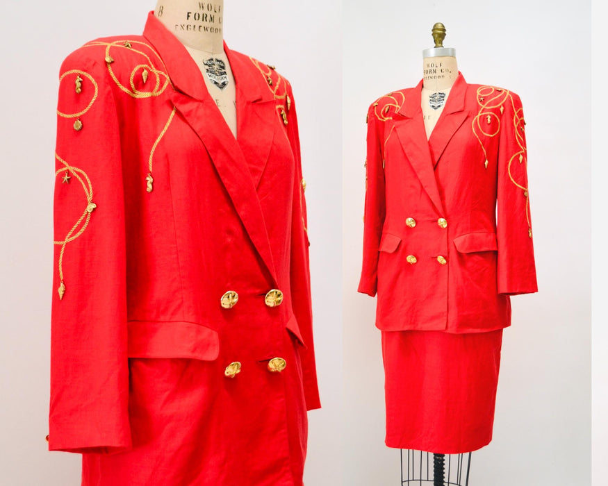 80s 90s Vintage Nautical Red Suit Jacket Blazer Skirt Red Gold Nautical Suit Linen Blazer Medium Large Lillie Rubin Boat Party Jacket Suit