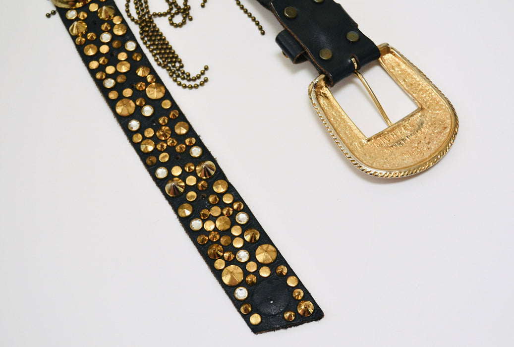 80s Vintage Black Gold Studded Rhinestone belt by Michael Morrison Black Leather Gold fringe Metallic Belt Rockstar Belt Medium large
