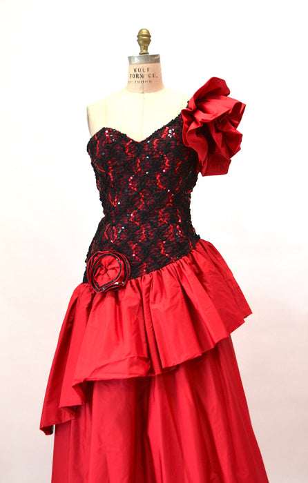 80s Prom Dress Red Black ruffle Sequin dress// Vintage 80s Party Flamenco Pageant Dress XS Small// Vintage 80s Spanish Sequin Party Dress