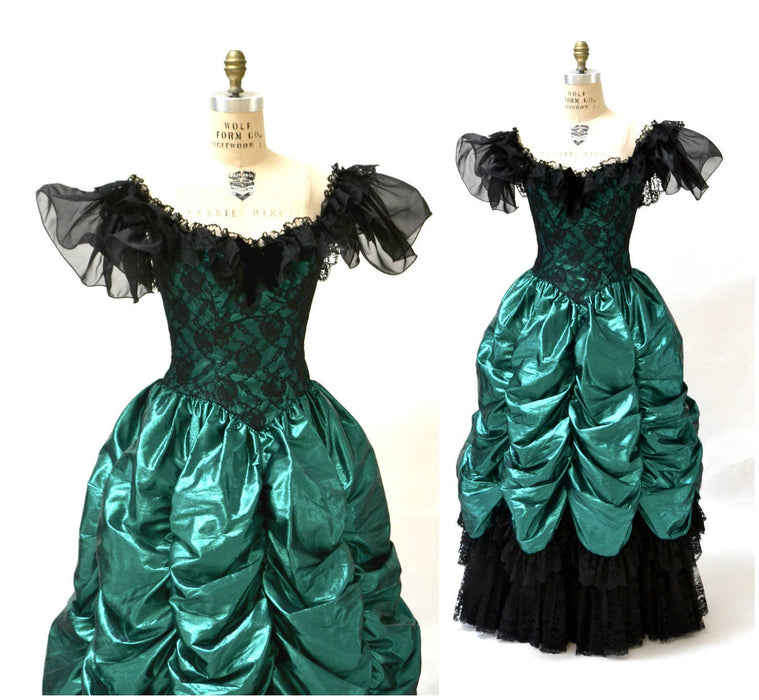 Vintage 80s Prom Dress Ball Gown XS Small Metallic Green Black// 80s Metallic Party Dress Green Black Lace Southern Bell Pageant Loralie