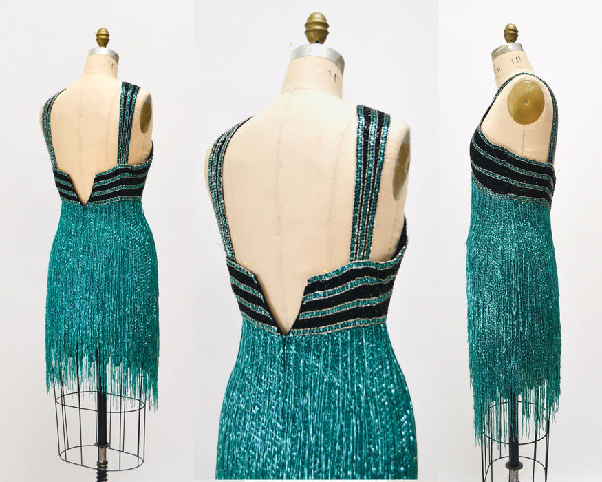 80s Vintage Bob Mackie Blue Green Beaded Fringe Dress Vintage Green Metallic Dress Small // Beaded Fringe Dress Flapper Inspired Cher Dress
