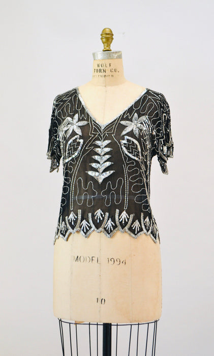 70s 80s Glam Vintage Black Silver Sequin Top Shirt Small Medium Art Deco Flapper Disco Inspired Metallic Sequin Top Silver Black Silk