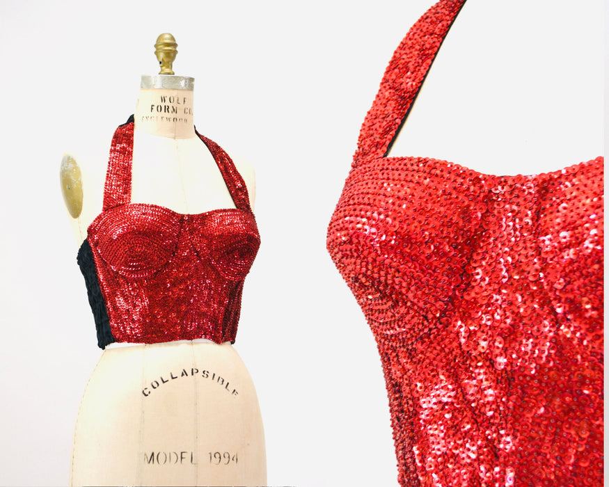80s 90s Vintage Red Sequin Bustier Crop Top Halter top Size Medium Sequin Red Halter Top Disco Dance 80s 90s Sequin Showgirl Halter TOp