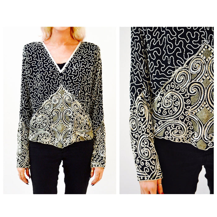 80s 90s Vintage Beaded Sequin Shirt Top Black White Silver Medium Large Art Deco Flapper Inspired Beaded Top Shirt Judith Ann Creations