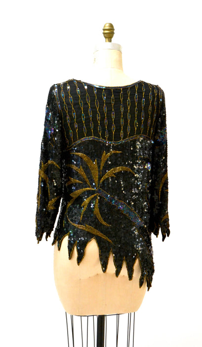 Vintage Metallic Sequin Shirt Black Art Deco Flapper Inspired Gold Palm Tree // 80s Vintage Beaded Shirt Top Black Sequins Small