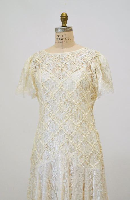 80s does 20s Vintage Lace Sequin Dress Medium Cream Off White// Vintage Sequin Lace Wedding Dress Boho Flapper Inspired Cream Lace Dress