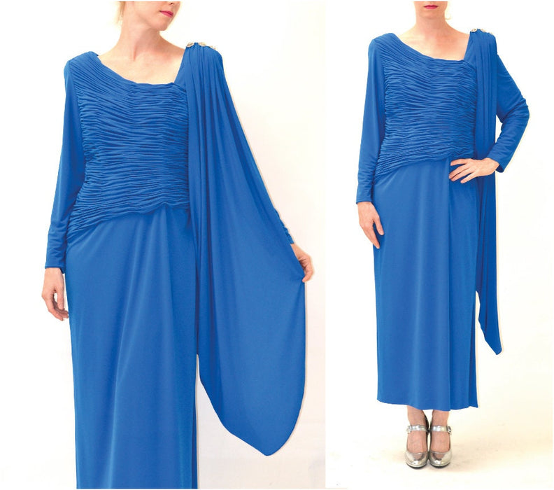 Vintage Draped Goddess Dress Gown Large XL Cobalt Blue By Rose Taft//  Vintage Blue Evening Gown Dress Asymmetrical Long Sleeves Bright Blue