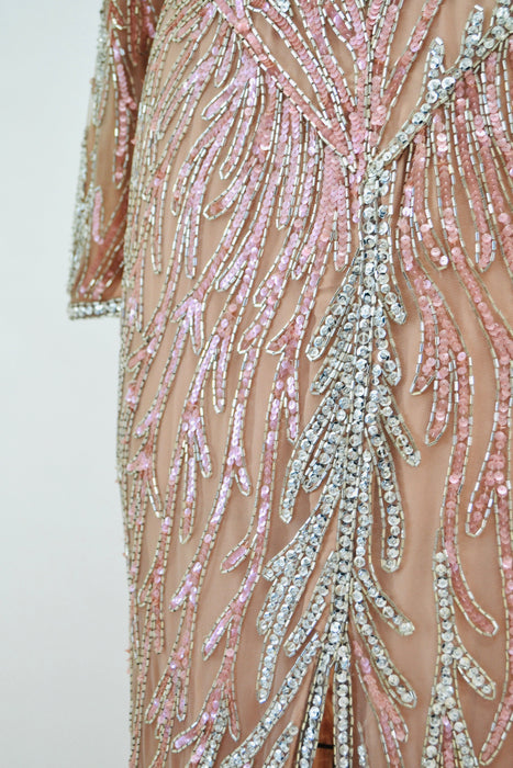 80s 90s Bob Mackie Vintage Pink Silver Beaded Sequin Gown Dress Pink Long Sleeve Sequin Gown Cher Sequin Dress XS SMALL Wedding