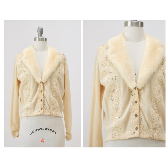 50s Vintage Cream Mink Fur Collar Beaded Cardigan Sweater Rhinestone Buttons Small Medium Vintage Wedding Fur Collared Cashmere Cardigan