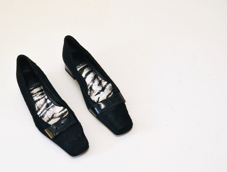 Vintage 90s Black Pony Hair Pumps Black High Heels Size 37 7 Square Toe Vintage Black Low Heel Fur Pony Hair Heels Loafers Shoes Baldan