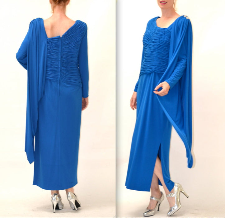 Vintage Draped Goddess Dress Gown Large XL Cobalt Blue By Rose Taft//  Vintage Blue Evening Gown Dress Asymmetrical Long Sleeves Bright Blue
