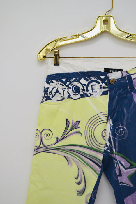 90s Vintage Versace Pants Jeans White Blue Yellow Printed Versace Pants Size 32 Italian Vintage Fashion Designer Size Small Medium