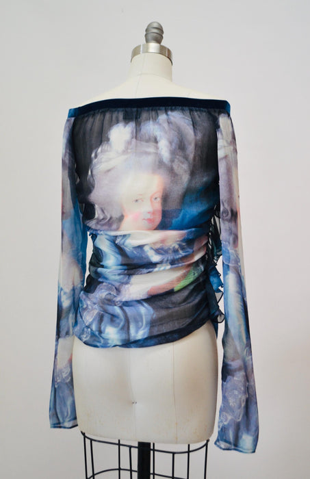 2000 D&G Marie Antoniette Silk Shirt Top Vintage 00s Dolce Gabbana Tank Top XS Small Dolce and Gabbana Silk Long Sleeve Y2k Top blue Black