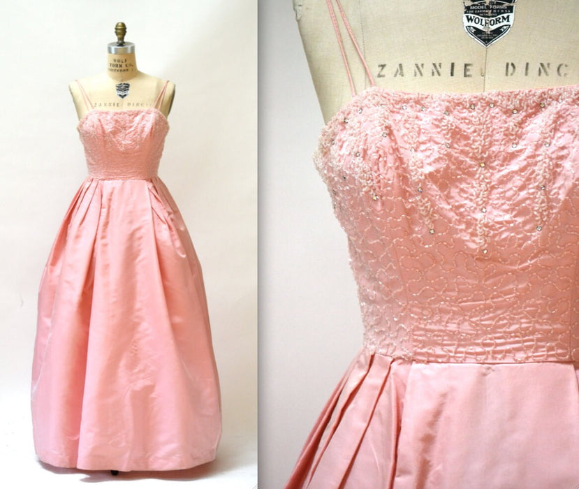 1950s Vintage Prom Dress Size Small Medium Pink// 1950s Vintage Bridesmaid Wedding Dress Evening Gown Beaded in Pink Size Small Medium