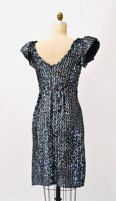 80s Glam Sequin Dress Silver Black Medium Large Body Con Knit Dress // 80s Prom Party Vintage Metallic Sequin Dress Drag Queen Pageant