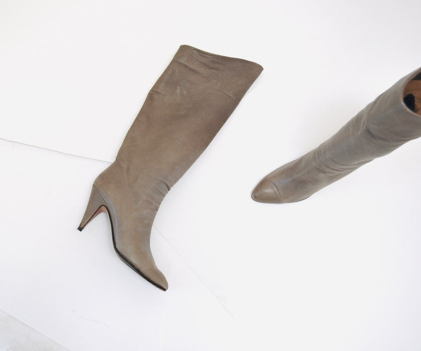 80s Vintage Gray Taupe Leather High Heel Boots 8 8 1/2 Leather High Heel Knee High Boots Pointed Toe boots Made in Italy Alberto d. Molina