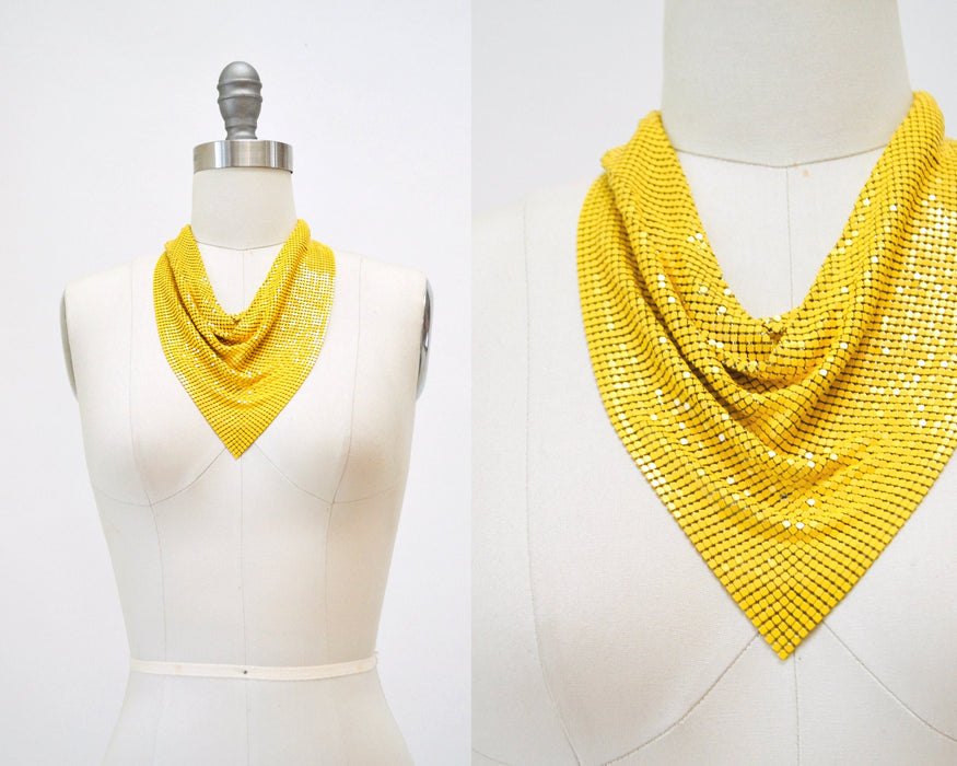 70s 80s Yellow Metal Chainmail Collar Necklace Bib Vintage Chainmail Necklace 70s yellow Chainmail bib NECKLACE Wedding Disco Necklace