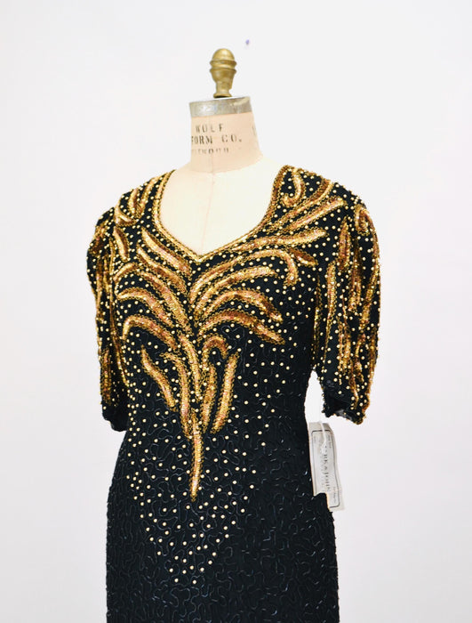 70s 80s GLAM Vintage Black Gold Beaded Sequin Evening Gown Small Medium // 80s 90s Pageant Drag Queen Black beaded Dress Gown Medium