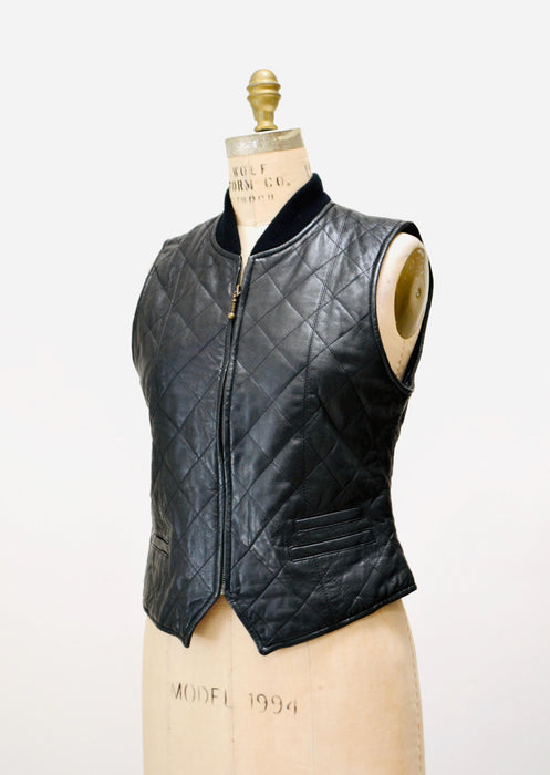 90s Vintage Black Leather Vest Black Quilted Leather Biker Vest Tank Top// 90s Biker Babe Fall Vintage Black Leather Vest Size Medium