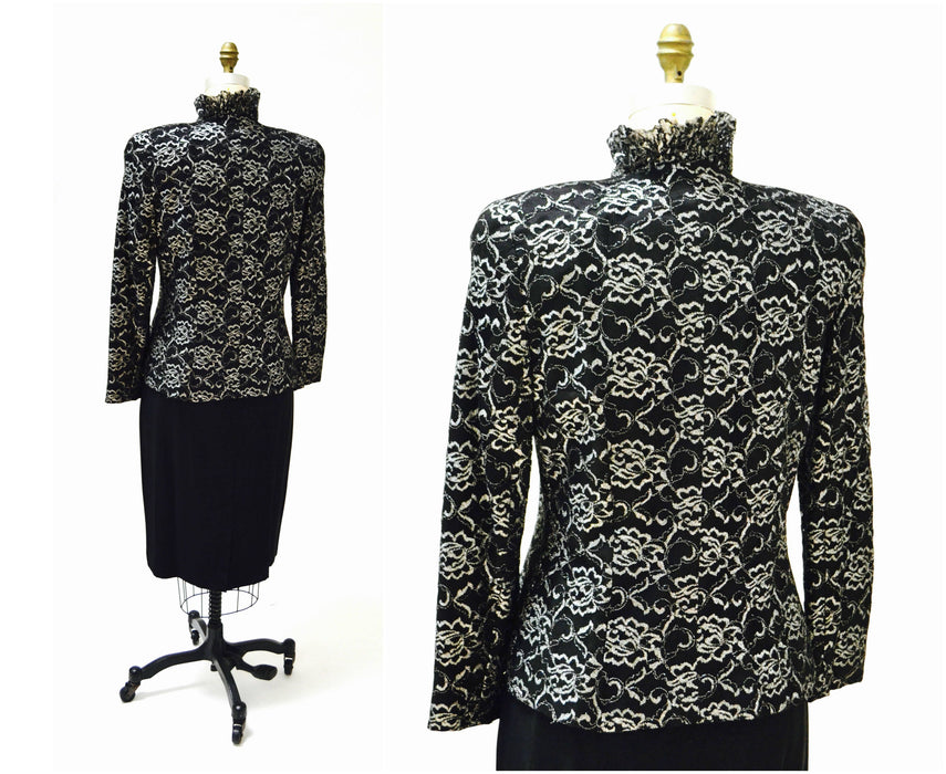 80s Vintage Black Silver Metallic Lace Jacket Blazer Suit by Carolina Herrera Studio Medium Large// 80s Black Lace Jacket Suit Ruffle Jacket